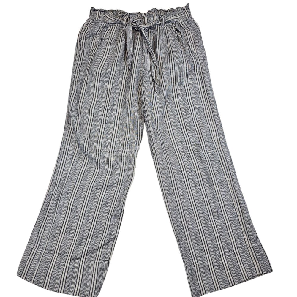 SO High Rise Wide Leg Linen Striped Pants Navy Ivory Women's Size Large